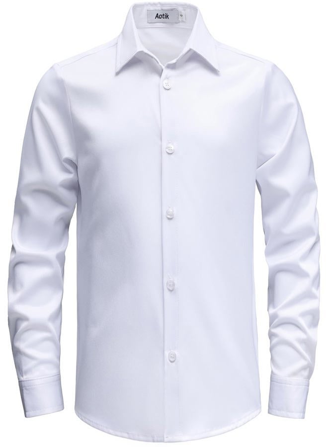 AOTIK Boys Stretch Wrinkle Free Dress Shirts Button Down Shirt Long Sleeve Formal School Uniform Shirts, White, 11-12 Years - Image 1