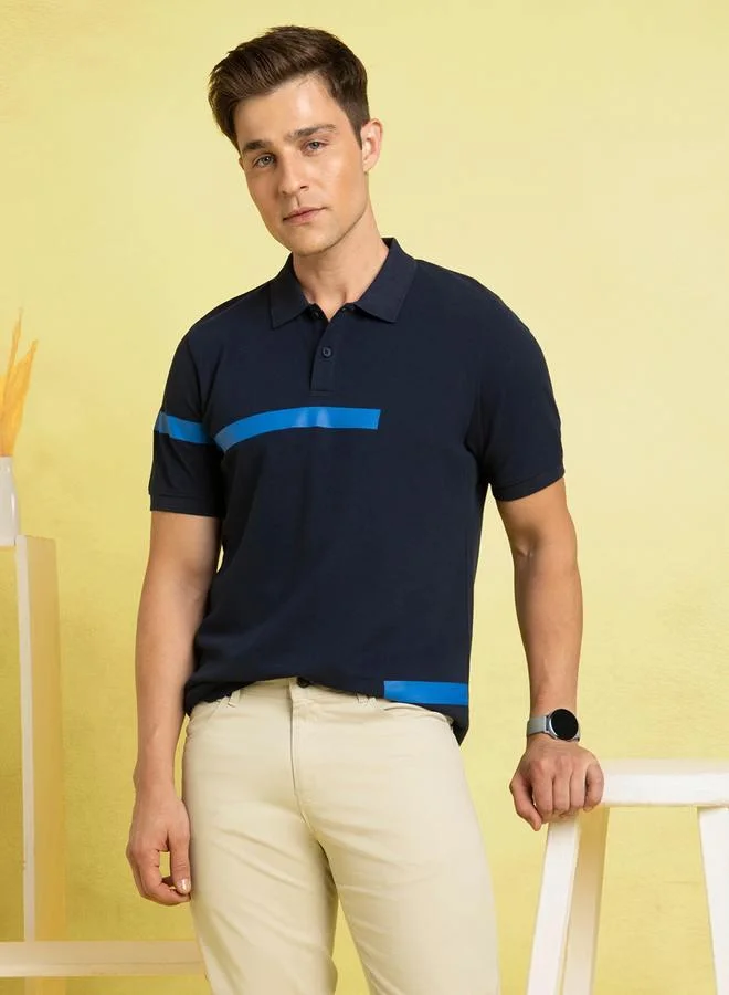 Navy Striped Polo T-Shirt For Men With A Wide Printed Stripe Pattern Crafted From Pique Fabric