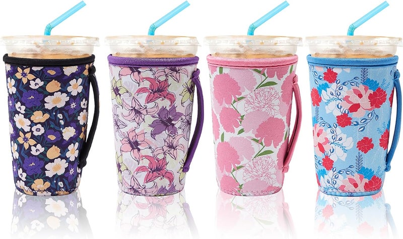 KJQJLY 4 Pack Iced Coffee Sleeve,reusable Neoprene Cup Sleeves Suitable For Beverage Sleeves For Hot And Cold Coffee Or Ice Drink Coffee cup sleeve for Starbucks coffee cup (Cute flowers 30-32 OZ) - Image 1