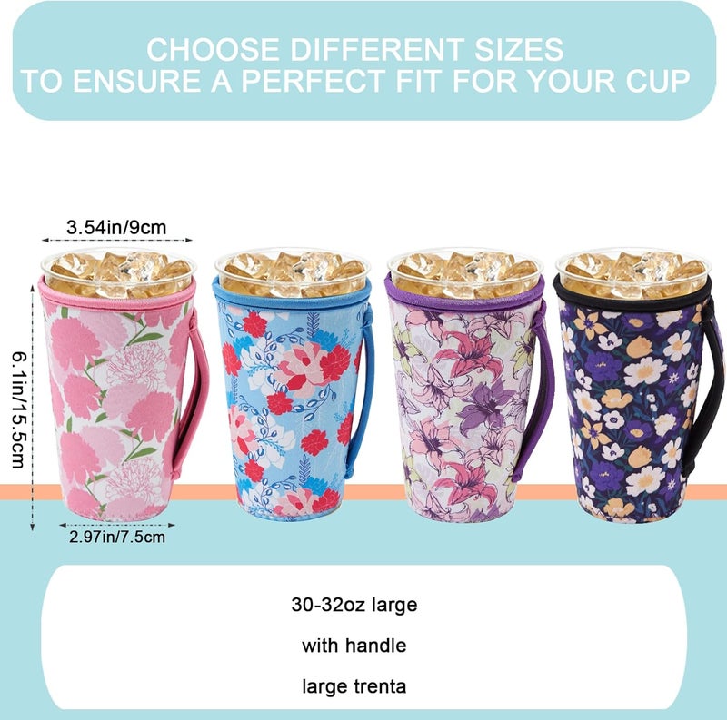 KJQJLY 4 Pack Iced Coffee Sleeve,reusable Neoprene Cup Sleeves Suitable For Beverage Sleeves For Hot And Cold Coffee Or Ice Drink Coffee cup sleeve for Starbucks coffee cup (Cute flowers 30-32 OZ) - Image 2