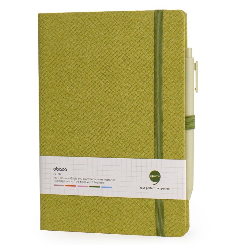 COMMA Abaca – A5 Size – Checks Hard Bound Notebook with Pen & Elastic Band Closure – 192 Pages – 80gsm Natural Shade Paper – Textured Cover Material – (Green) - Image 4