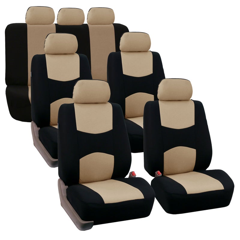 FH Group Flat Cloth Full Set Car Seat Covers Three Row 7 Seater Universal Fit for Cars Trucks SUVs Beige