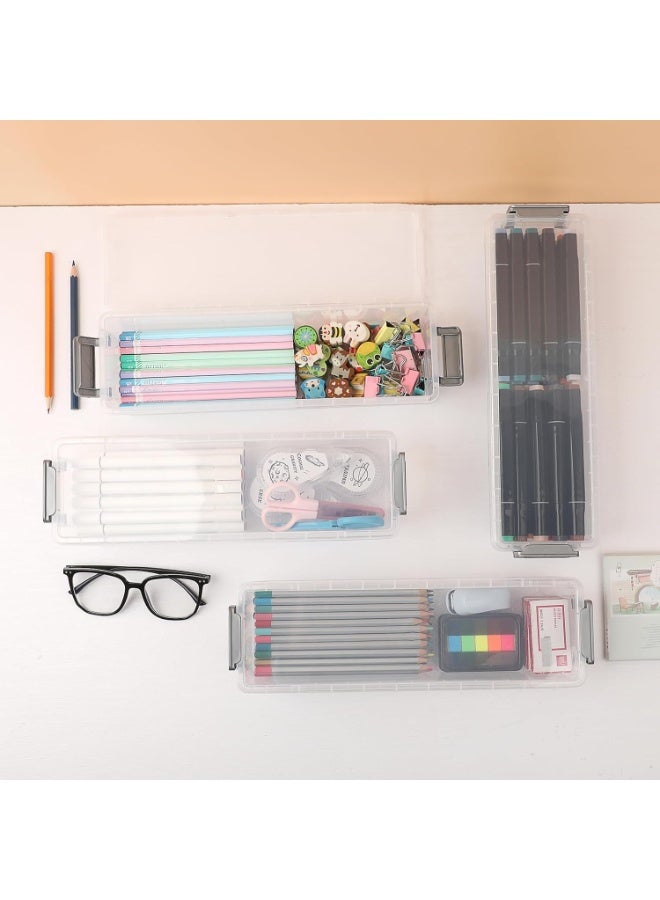 صندوق بلاستيكي طويل قابل للتكديس، منظم لتخزين اللوازم المكتبية، صندوق أقلام رصاص، حامل منظم بلاستيكي لأقلام الجل والممحاة والشريط اللاصق وأقلام الرصاص، 4 قطع - Image 2