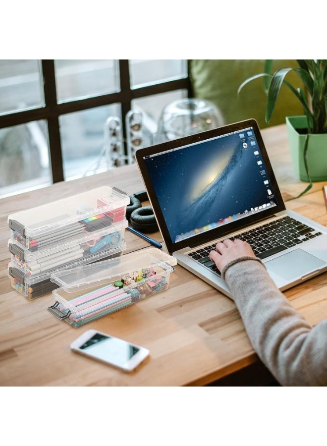 صندوق بلاستيكي طويل قابل للتكديس، منظم لتخزين اللوازم المكتبية، صندوق أقلام رصاص، حامل منظم بلاستيكي لأقلام الجل والممحاة والشريط اللاصق وأقلام الرصاص، 4 قطع - Image 3