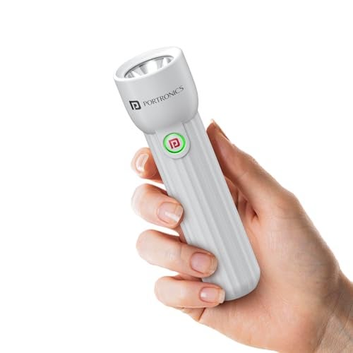 Portronics مصباح يدوي صغير LED من بورترونيكس إيكو جلو مع بطارية قابلة للشحن عبر USB، حجم مدمج، مستويات سطوع مزدوجة، وضع ضوء الطوارئ SOS، للاستخدام في المنزل، في الهواء الطلق، التخييم، والسفر (أبيض) - Image 1