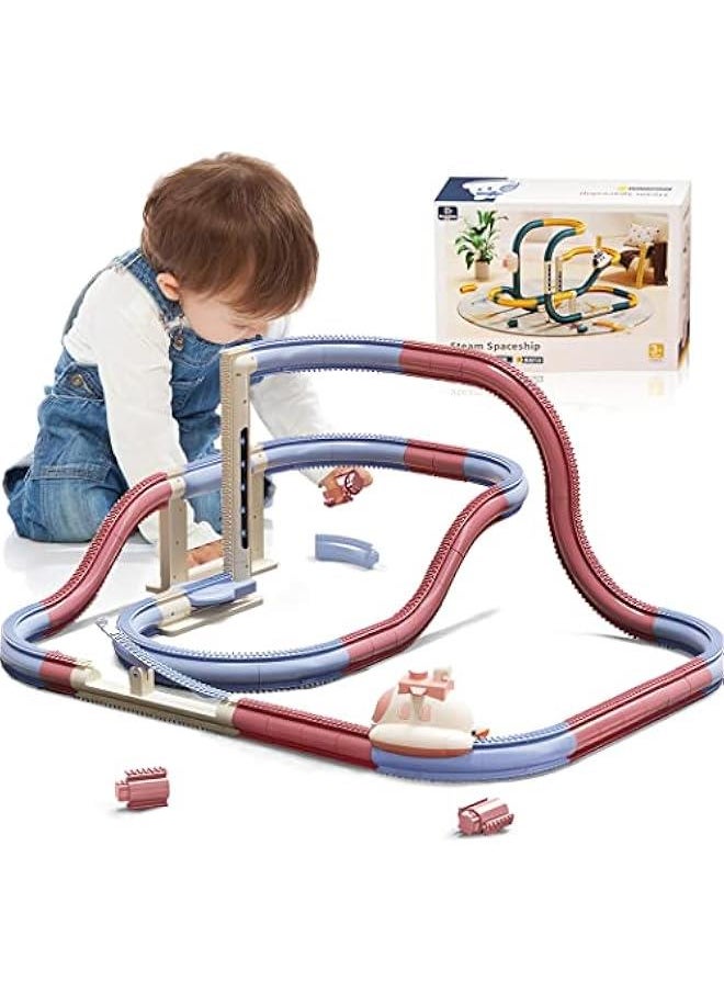 HOOKOR 51PCS Electric Steam Train Set with Tracks, Automatic Elevator,Spaceship Car Adventure, Expandable Train Toys for 3+ Years Old Girls & Boys (Pink)  - Image 1