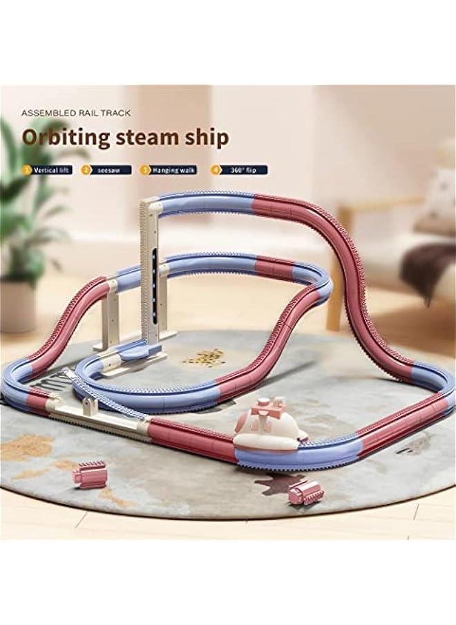 HOOKOR 51PCS Electric Steam Train Set with Tracks, Automatic Elevator,Spaceship Car Adventure, Expandable Train Toys for 3+ Years Old Girls & Boys (Pink)  - Image 2