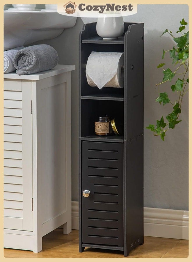 CozyNest Narrow Toilet Paper Cabinet for Small Spaces, Freestanding Bathroom Organizer Beside Toilet, 80cm Height with Shelf and Door, Made of PVC - Image 1