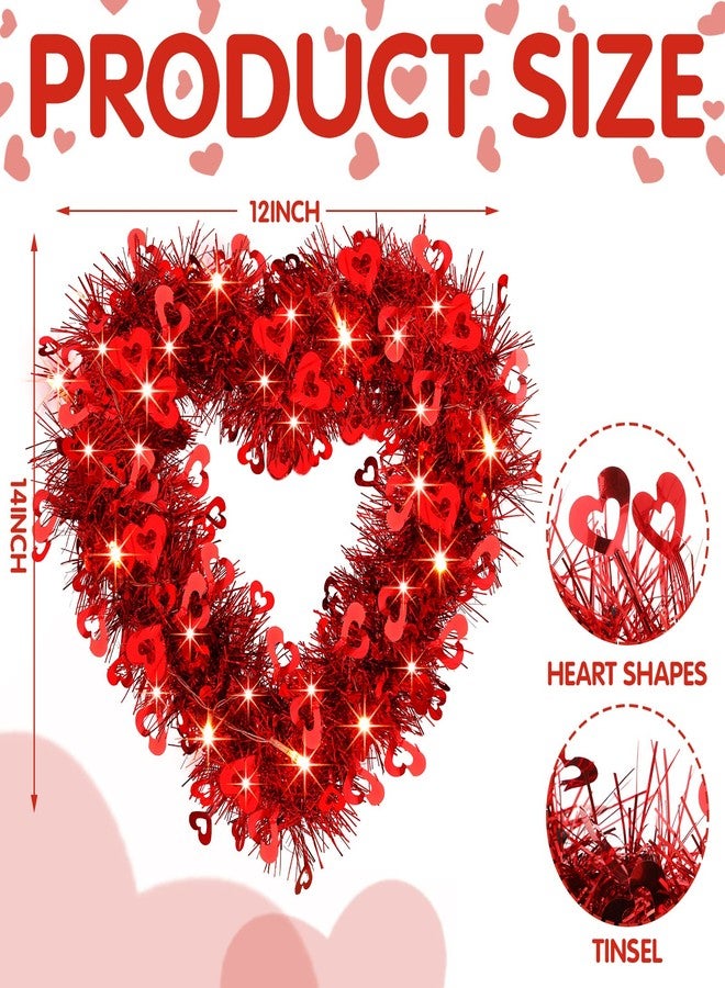 تشوانغ دي إكليلان مضيئان لعيد الحب - أكاليل على شكل قلب مقاس 14 بوصة لتزيين باب المنزل في عيد الحب، إكليل لامع على شكل قلب و20 مصباح LED لحفلات الخطوبة والخطوبة (نمط كلاسيكي) - Image 2