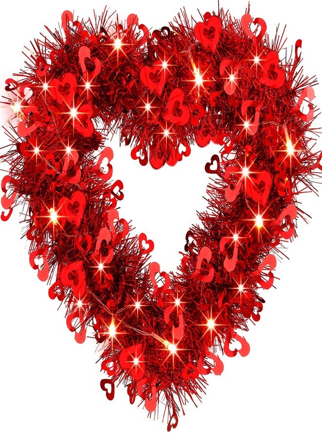 تشوانغ دي إكليلان مضيئان لعيد الحب - أكاليل على شكل قلب مقاس 14 بوصة لتزيين باب المنزل في عيد الحب، إكليل لامع على شكل قلب و20 مصباح LED لحفلات الخطوبة والخطوبة (نمط كلاسيكي) - Image 1