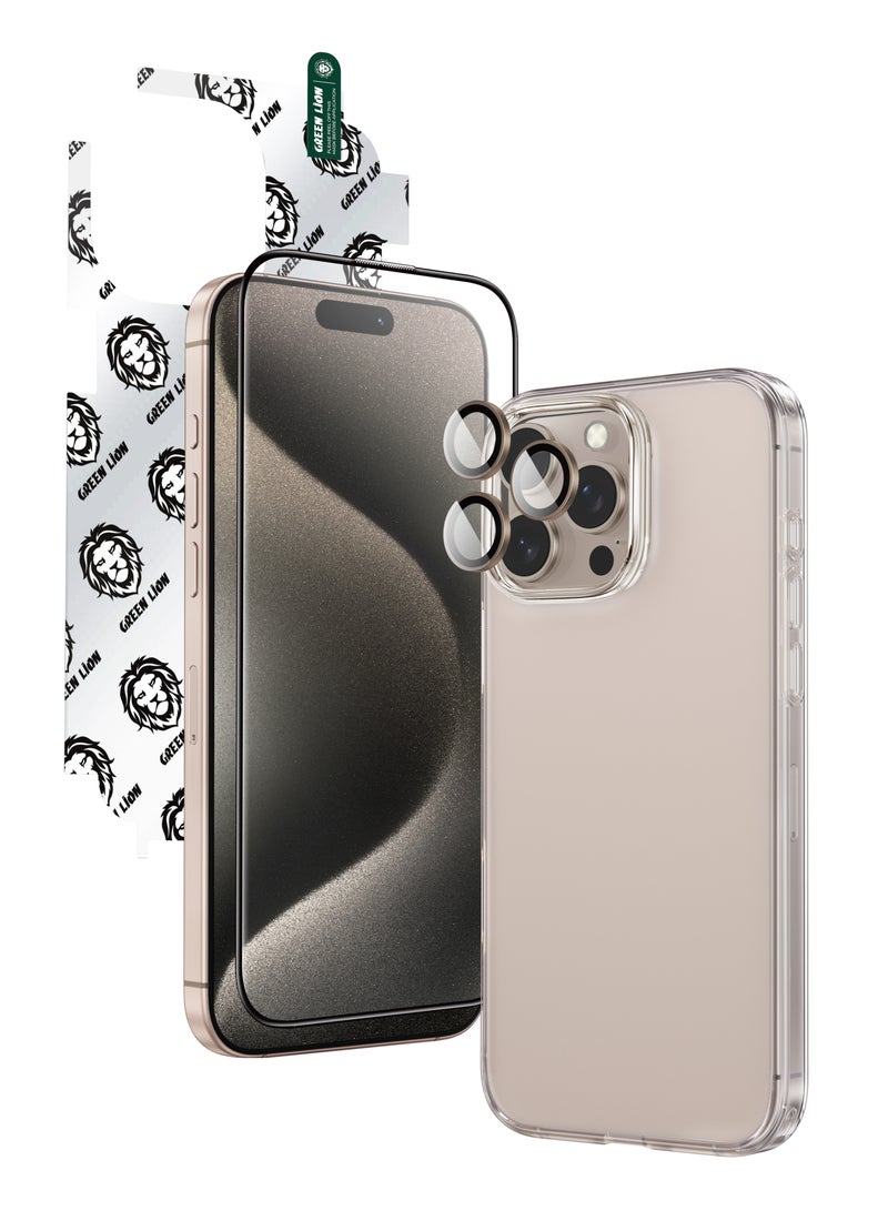 جرين ليون مجموعة حماية 4 في 1 لهاتف آيفون 16 برو / حافظة مضادة للصدمات / غشاء خلفي عالي الدقة من Nano HD / غشاء عدسة الكاميرا / زجاج ثلاثي الأبعاد عالي الدقة من Pet - ذهبي نحاسي