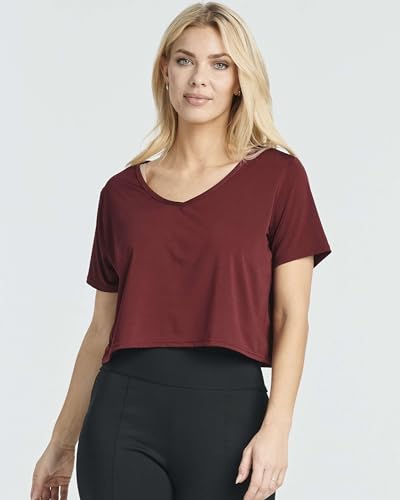 REALESSENTIALS 5 Pack Set Womens Short Sleeve Crop Tops Workout Top Tees T Shirts Dry Fit V Neck Summer Running Gym Yoga Active Cropped - Image 3