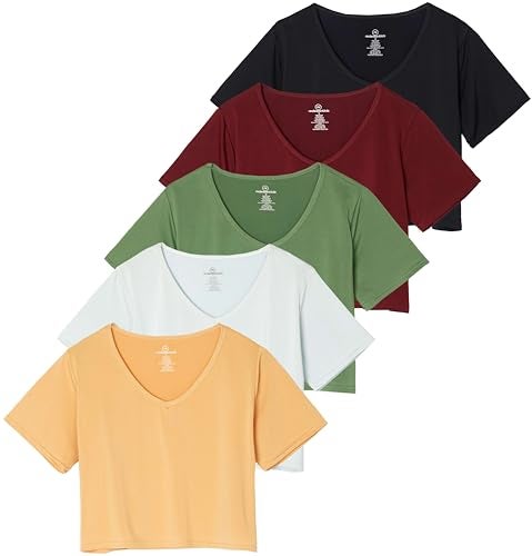 REALESSENTIALS 5 Pack Set Womens Short Sleeve Crop Tops Workout Top Tees T Shirts Dry Fit V Neck Summer Running Gym Yoga Active Cropped - Image 1