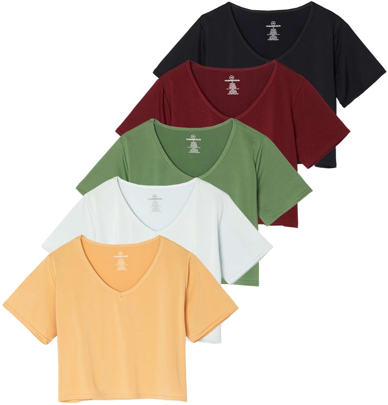 REALESSENTIALS 5 Pack Set Womens Short Sleeve Crop Tops Workout Top Tees T Shirts Dry Fit V Neck Summer Running Gym Yoga Active Cropped - Image 2