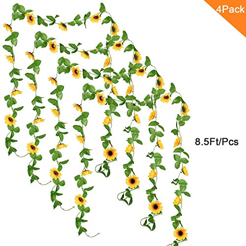 DearHouse 4 Pack Artificial Sunflower Garland Silk Sunflower Vine Artificial Flowers with Green Leaves Wedding Table Decor - Image 2