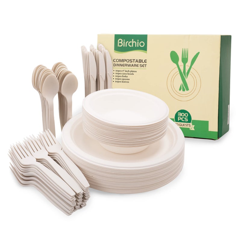 250 Piece 50 Sets Biodegradable Paper Plates Set EXTRA LONG UTENSILS Disposable Dinnerware Set Eco Friendly Compostable Plates  Utensil include Plates Bowls Forks Knives and Spoons