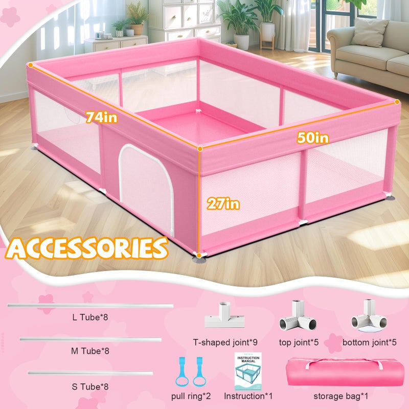 Deeteck 74x50 بوصة ملعب أطفال - ملعب كبير جدًا للأطفال والرضع - بوابة أطفال محمولة مع شبكة ناعمة وقابلة للتنفس - ساحة لعب آمنة متينة مغطاة بالكامل مع 2 مقبض وحقيبة، وردي - Image 2