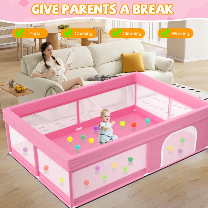 Deeteck 74x50 بوصة ملعب أطفال - ملعب كبير جدًا للأطفال والرضع - بوابة أطفال محمولة مع شبكة ناعمة وقابلة للتنفس - ساحة لعب آمنة متينة مغطاة بالكامل مع 2 مقبض وحقيبة، وردي - Image 4