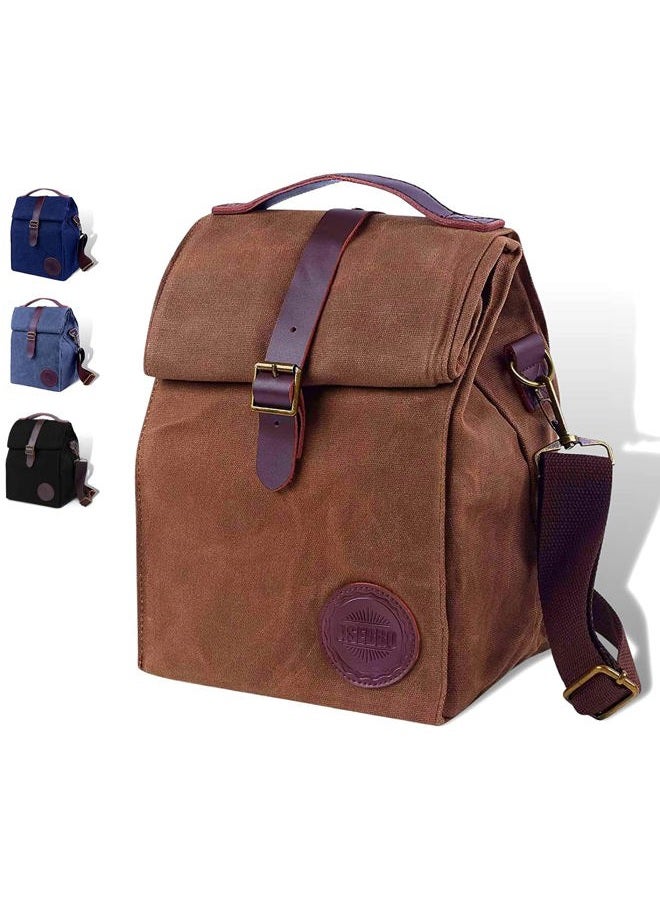ASEBBO Insulated Lunch Bag 10L Sturdy Waxed Canvas Lunch Box for Men and Women, Leakproof Insulated Cooler Bag for Work Picnic Hiking, Lunchbox for Adults with Shoulder Strap (Brown) - Image 1