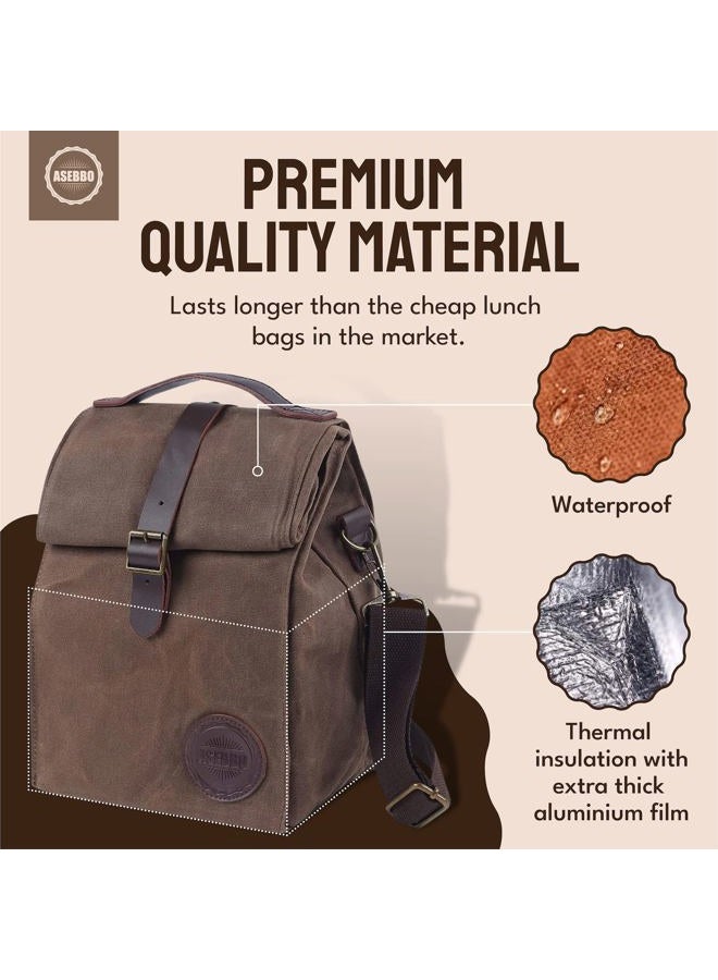 ASEBBO Insulated Lunch Bag 10L Sturdy Waxed Canvas Lunch Box for Men and Women, Leakproof Insulated Cooler Bag for Work Picnic Hiking, Lunchbox for Adults with Shoulder Strap (Brown) - Image 2