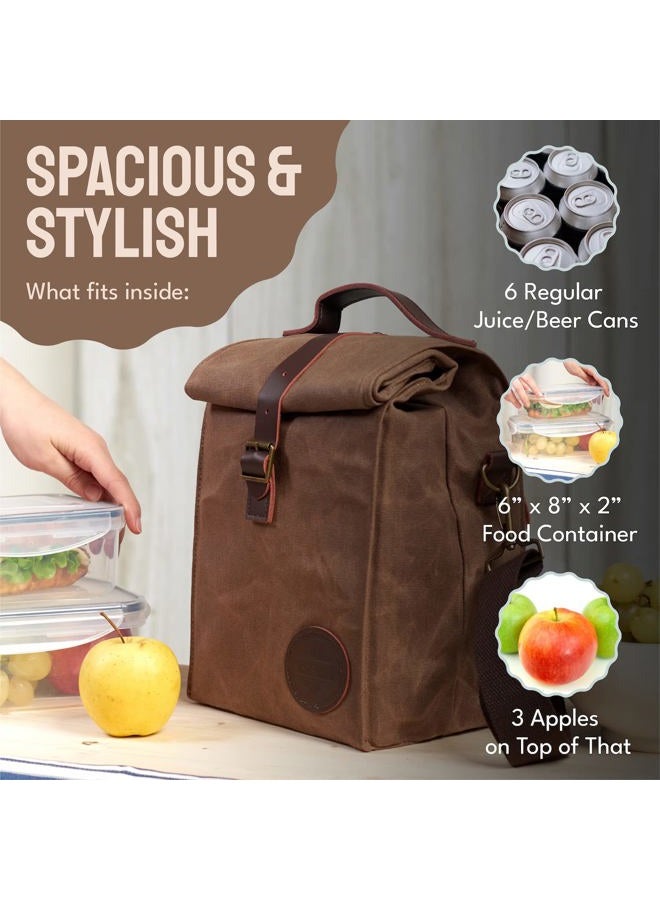 ASEBBO Insulated Lunch Bag 10L Sturdy Waxed Canvas Lunch Box for Men and Women, Leakproof Insulated Cooler Bag for Work Picnic Hiking, Lunchbox for Adults with Shoulder Strap (Brown) - Image 3