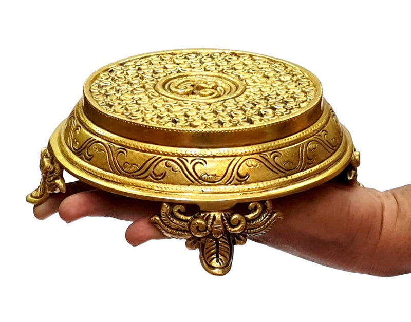 eSplanade Brass Decorative Round Pooja God Stool | Brass Chowki | Home Decor Sitting Table - 7"" Inches - Image 4