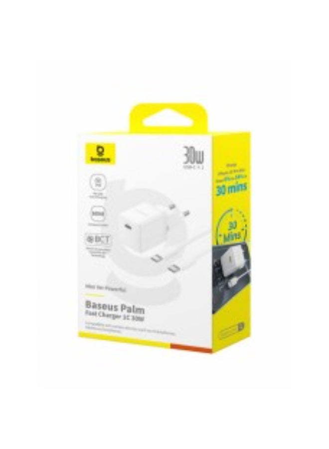 بيسوس Baseus Palm Fast Charger 1C 30W Network Adapter + Type-C to Type-C Cable P10111605213-01 White WHITE - Image 3