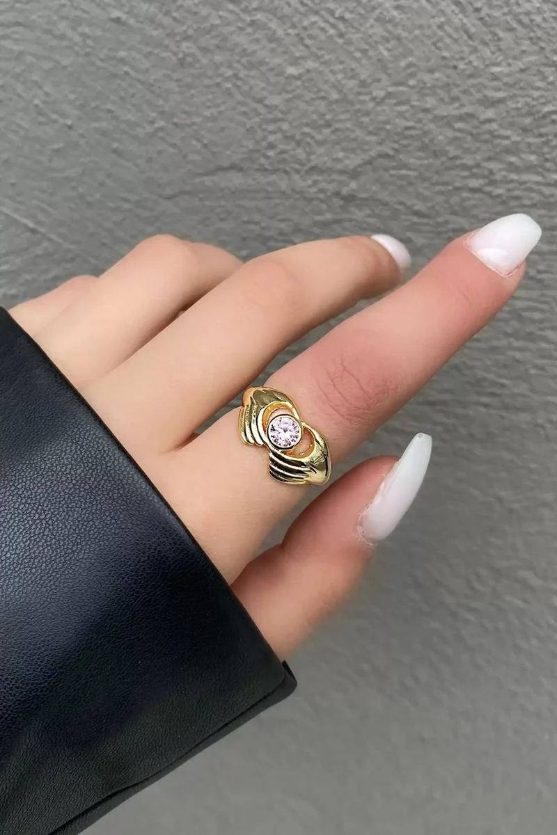 Efna Store Gold Color Heart Figured Pink Stone Adjustable Ring, Gift Ring