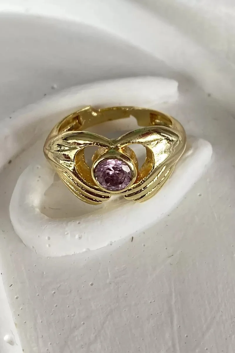 Efna Store Gold Color Heart Figured Pink Stone Adjustable Ring, Gift Ring