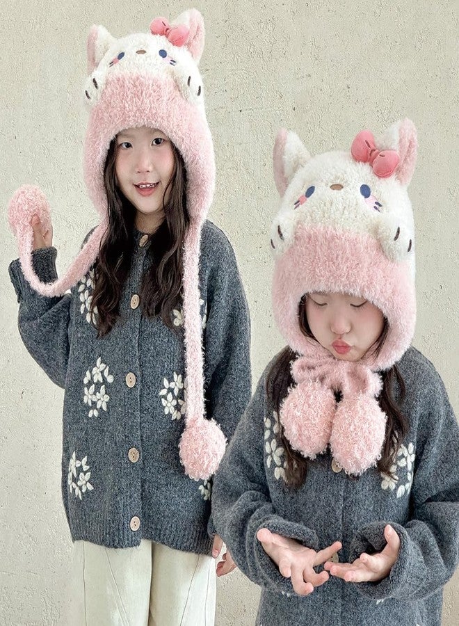 KORADI Girls Animals Knit Hats Winter Plush Beanies Hat Boys Warm Earflap Cute Cartoon Ski Cap Kid with Pom 2-12 Years Pink - Image 2