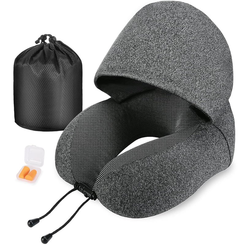 BLURISM BLURISM Pillow for Travel Memory Foam Hooded Travel Pillow Comfortable Neck Support Pillow with Hoodie for Plane Cars Trains Office Flight Travel Cushion for Sleeping  - Image 1