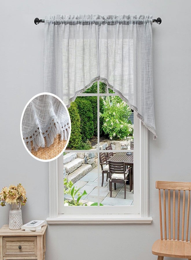 BD BEDA HOME ستارة Beda Home Tassel Linen Textured Swag لمطبخ المنازل الريفية؛ ستارة قصيرة ريفية تسمح بمرور الضوء، مناسبة للنوافذ الصغيرة، توفر خصوصية إضافية لغرفة النوم، تصميم جيب للعمود (رمادي فاتح 36x36-2PCs) - Image 1