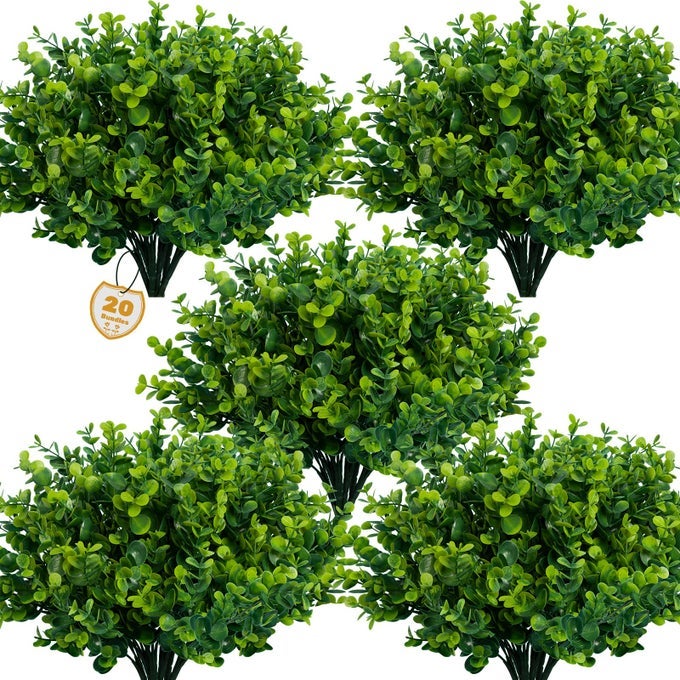 ARTIFICIAL GREENERY PLANTS OUTDOOR UV RESISTANT FAKE PLANTS BOXWOOD SHRUBS GRASS20 BUNDLES FOR FARMHOUSE HOME GARDEN OFFICE PATIO BACKYARD WEDDING AND INDOOR OUTDOOR DECORATION