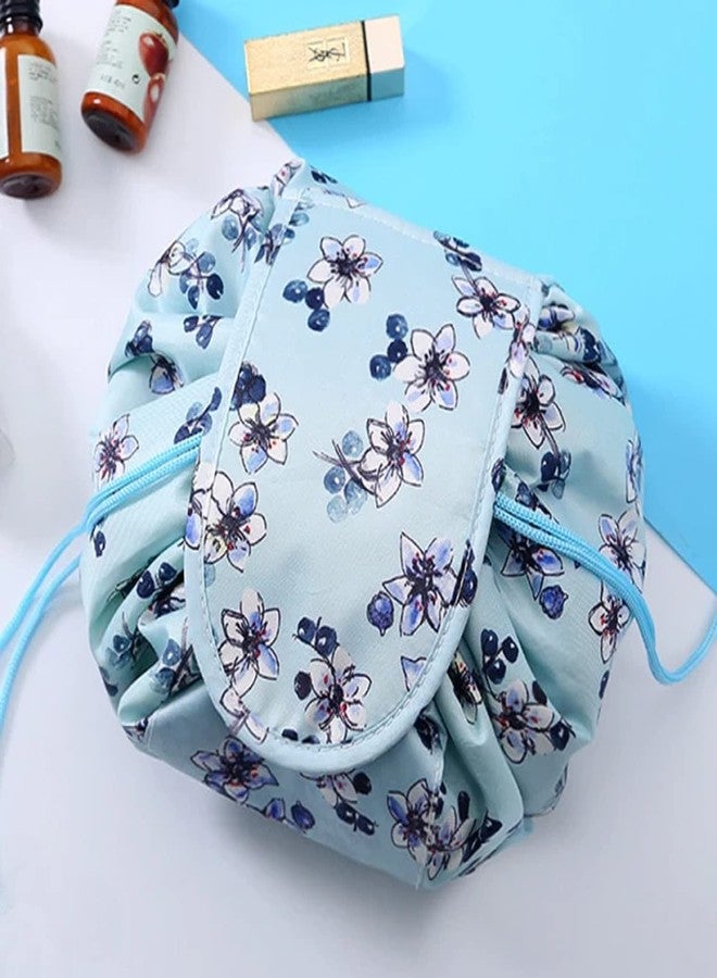 crownish Polyester Women's Convenient and Waterproof Multifunction Portable Lazy Travel Cosmetic Storage Makeup Organizer Toiletry Bag with Drawstrings (Blue Floral Lazy Bag) - Image 4