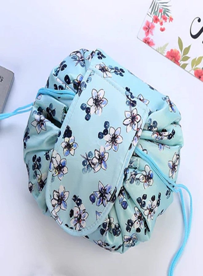 crownish Polyester Women's Convenient and Waterproof Multifunction Portable Lazy Travel Cosmetic Storage Makeup Organizer Toiletry Bag with Drawstrings (Blue Floral Lazy Bag) - Image 3