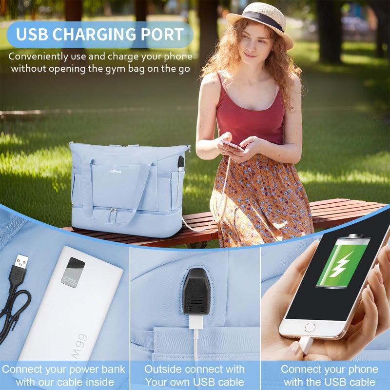 ETRONIK Gym Bag for Women, Travel Duffel Bag with USB Charging Port, Weekender Overnight Bag with Wet Pocket and Shoes Compartment for Women, Travel, Gym, Yoga, Bule, M - Image 5