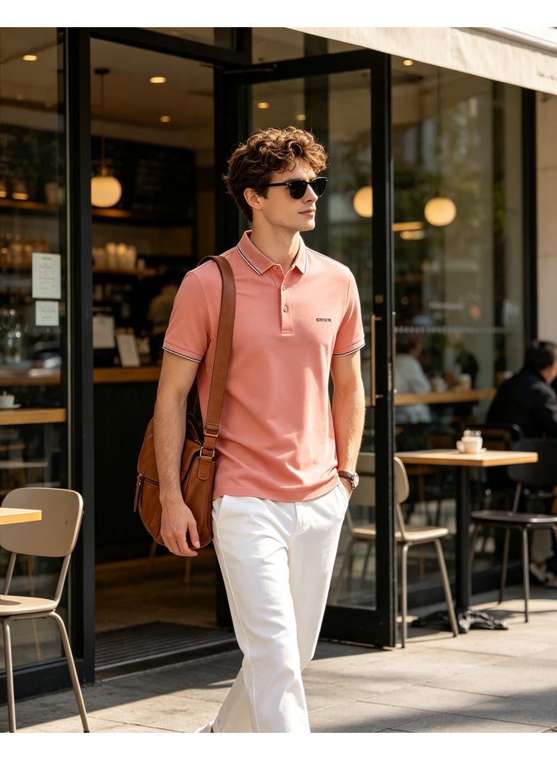 GEOX Men Classic Striped Collar Short Sleeve Polo Shirt Daily Business Casual Wear Dusty Pink - Image 4