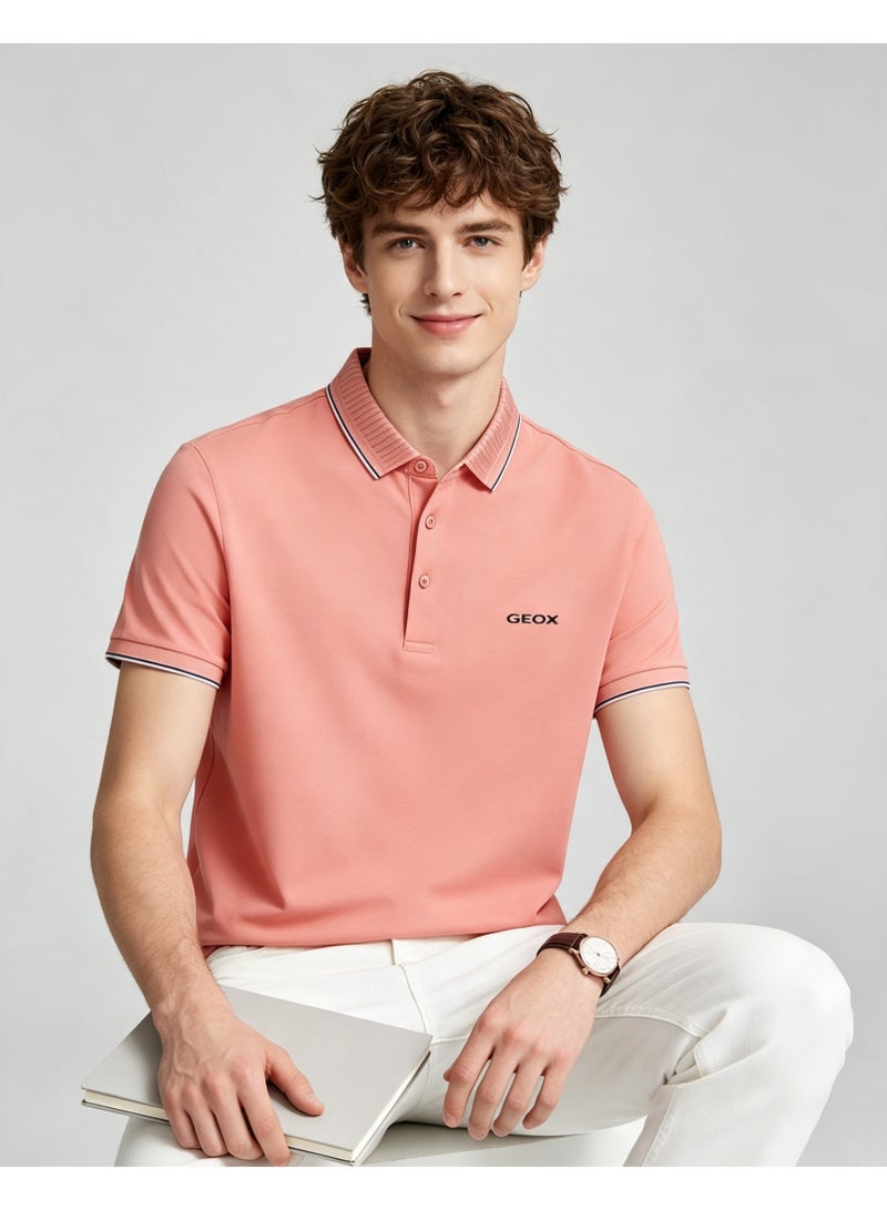 GEOX Men Classic Striped Collar Short Sleeve Polo Shirt Daily Business Casual Wear Dusty Pink - Image 1
