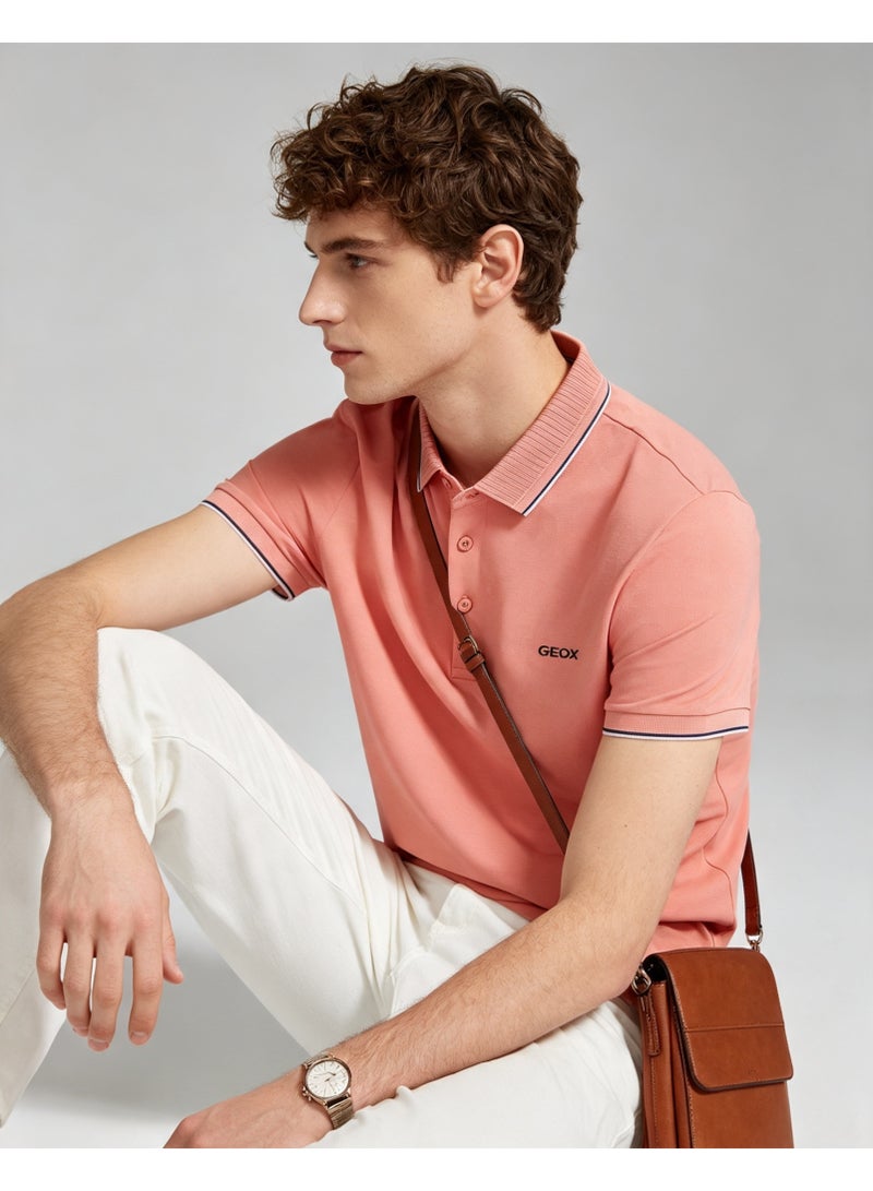 GEOX Men Classic Striped Collar Short Sleeve Polo Shirt Daily Business Casual Wear Dusty Pink - Image 2