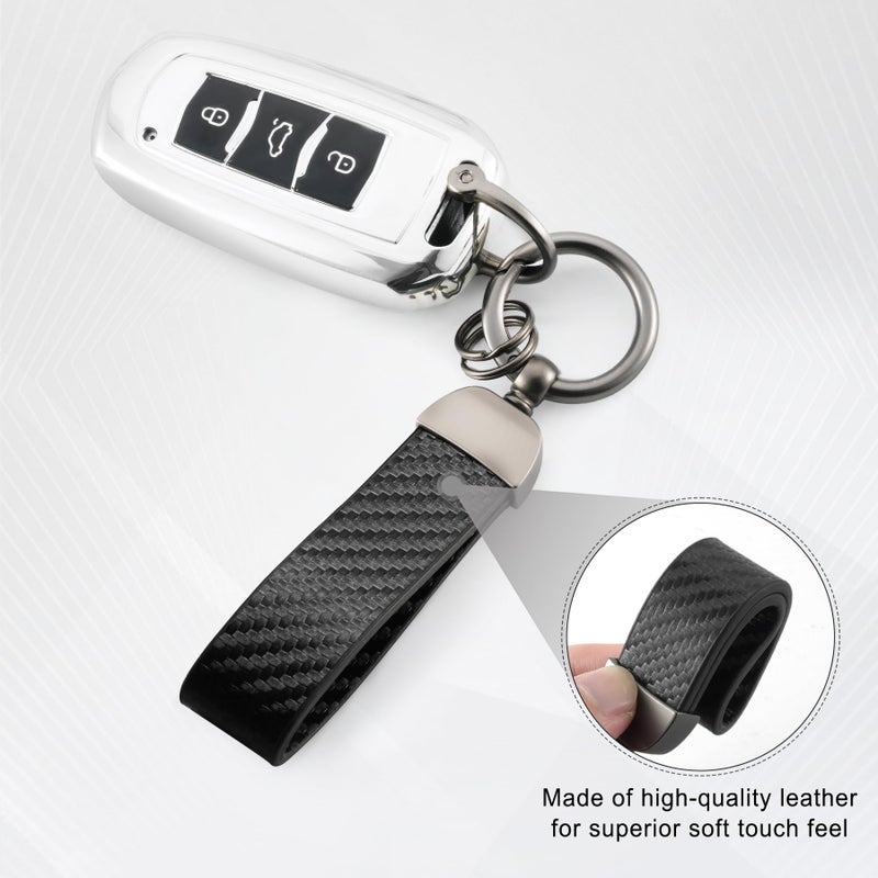 JUSTTOP Leather Keychain, Carbon Fiber Car Key Chain with Anti-Lost D-Ring and 2 Key Ring, Keychain Wristlet, Car Accessories, Universal Keychain for Men and Women (Black) - Image 3