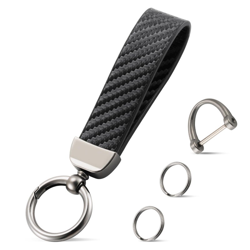 JUSTTOP Leather Keychain, Carbon Fiber Car Key Chain with Anti-Lost D-Ring and 2 Key Ring, Keychain Wristlet, Car Accessories, Universal Keychain for Men and Women (Black) - Image 1