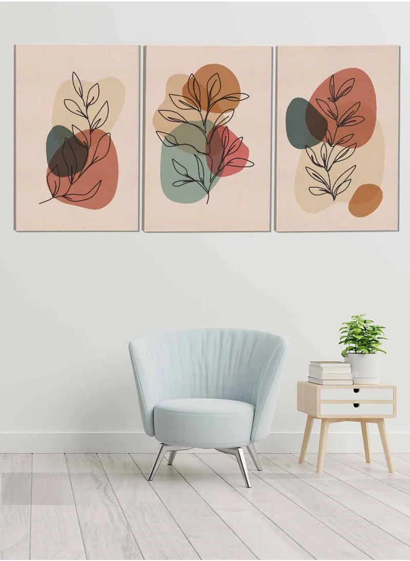 LOWHA Set Of 3 Canvas Wall Arts Stretched Over Wooden Frame Leaves and Shapes Paintings