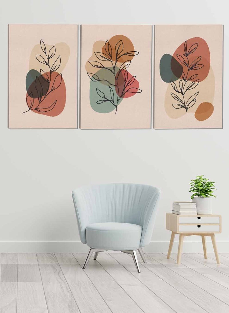 LOWHA Set Of 3 Canvas Wall Arts Stretched Over Wooden Frame Leaves and Shapes Paintings - Image 1