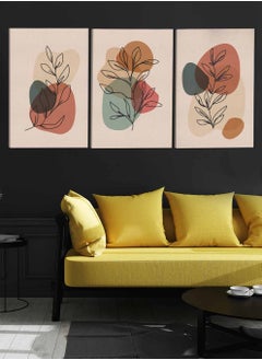 LOWHA Set Of 3 Canvas Wall Arts Stretched Over Wooden Frame Leaves and Shapes Paintings  - Image 3