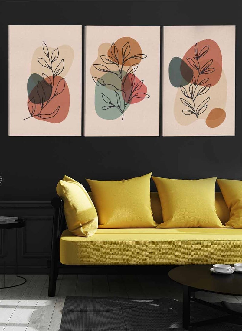 LOWHA Set Of 3 Canvas Wall Arts Stretched Over Wooden Frame Leaves and Shapes Paintings - Image 3