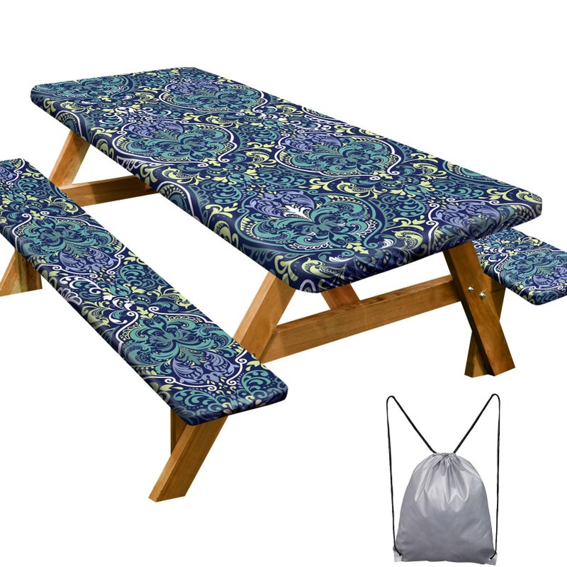Play Tailor Picnic Table Cover with Bench Covers Camping Essentials Waterproof Windproof Camping Tablecloth with Drawstring Bag, Fitted Rectangle Tables and Seats, 72in, Deep Blue Green - Image 1