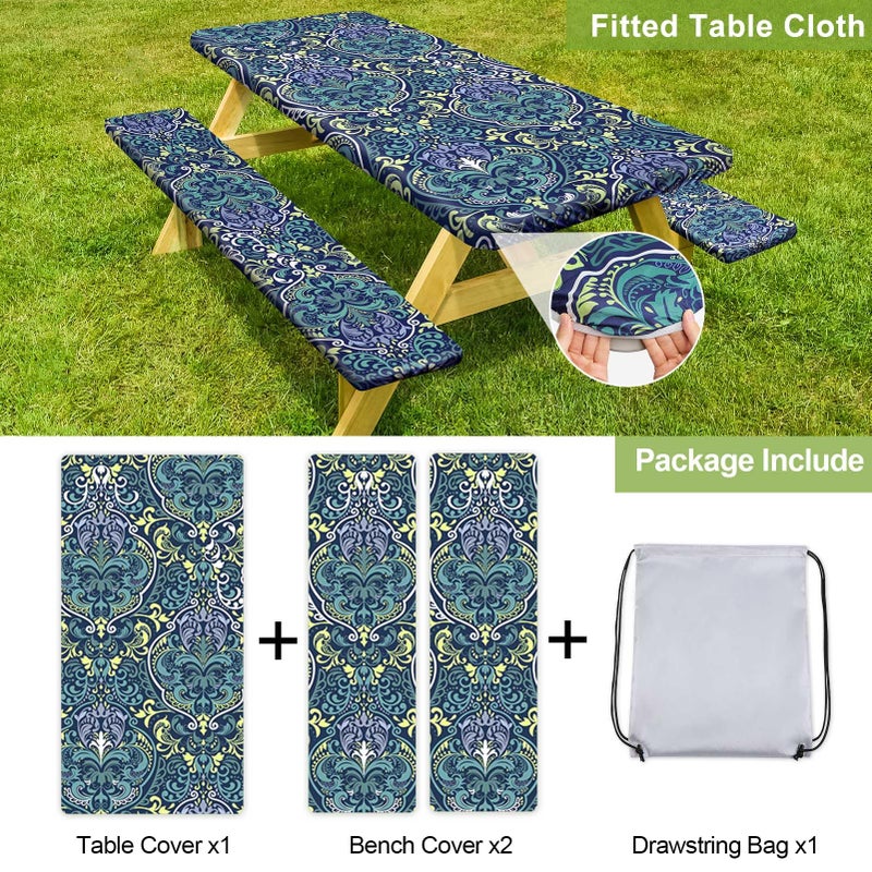 Play Tailor Picnic Table Cover with Bench Covers Camping Essentials Waterproof Windproof Camping Tablecloth with Drawstring Bag, Fitted Rectangle Tables and Seats, 72in, Deep Blue Green - Image 4