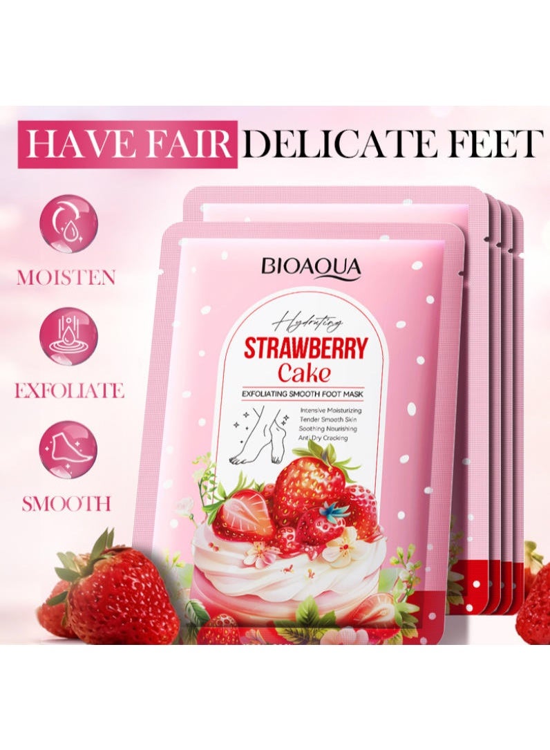 BIOAQUA 5 Pairs Strawberry Cake Exfoliating Smooth Foot Mask Intersive Moisturizing Tender Smooth Nourishing Anti Dry Cracking - Image 1
