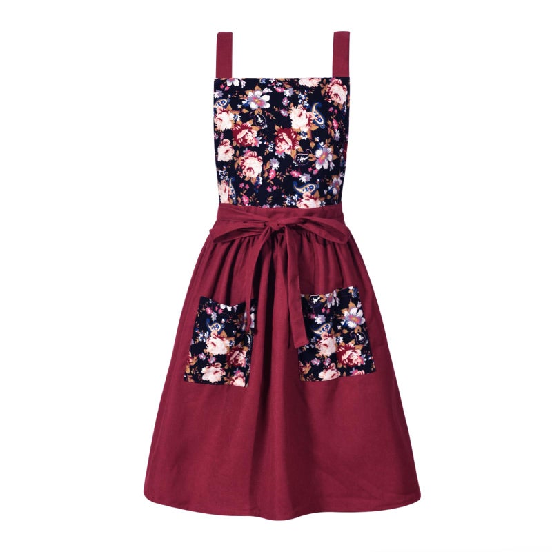 Pinknoke Vintage Pinafore Apron Dress for Women with Pockets Cute Floral Chef Aprons for Kitchen Cooking Baking Gardening Claret