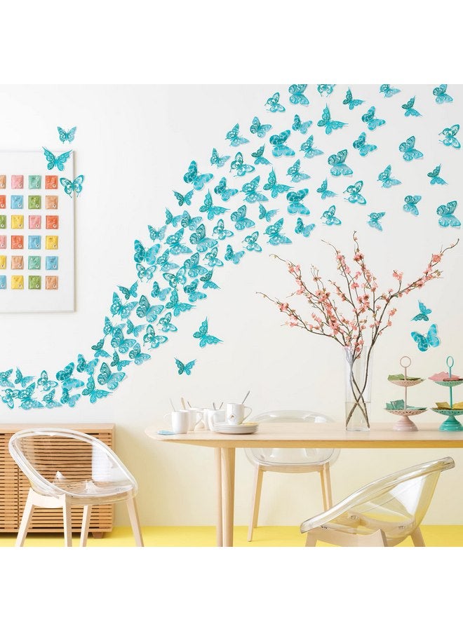 LiveGallery 60 Pieces New Vintage Pattern Hollow Butterflys Wall Decals 3D Teal Butterflies Wall Sticker DIY Removable 5 Styles 3 Sizes Metallic Art Decor for Kids Girls Bedroom Living Room Birthday Cake Office - Image 5